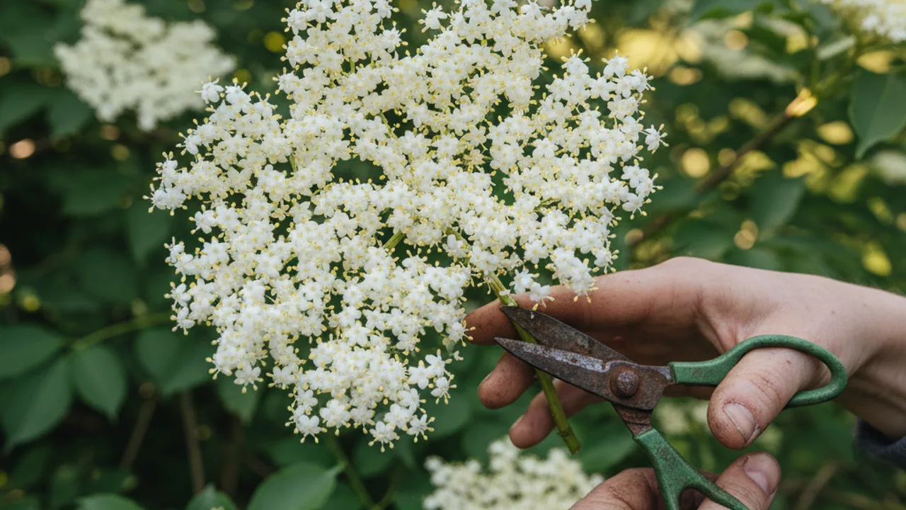 Cueillette des fleurs de sureau noir en mai-juin
