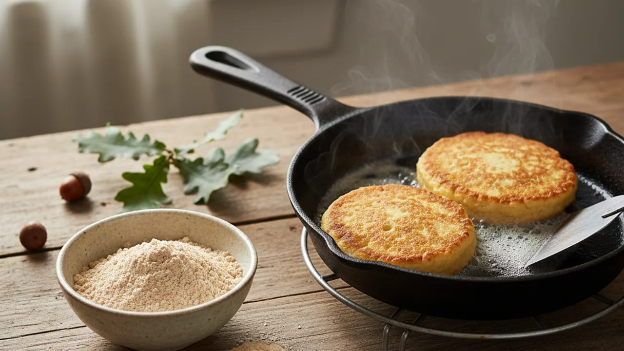 Galettes de farine de glands dans une poêle en fonte