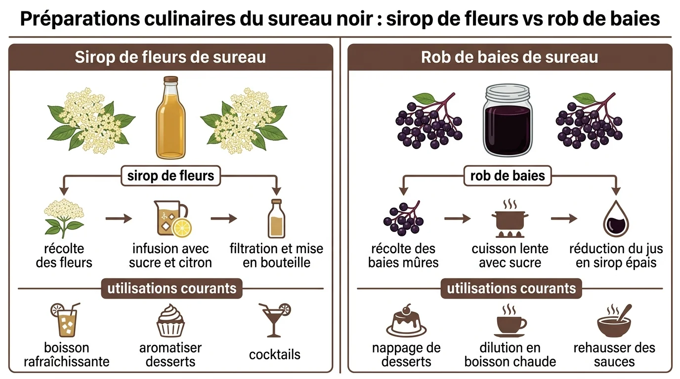 Préparations culinaires du sureau noir : sirop de fleurs vs rob de baies