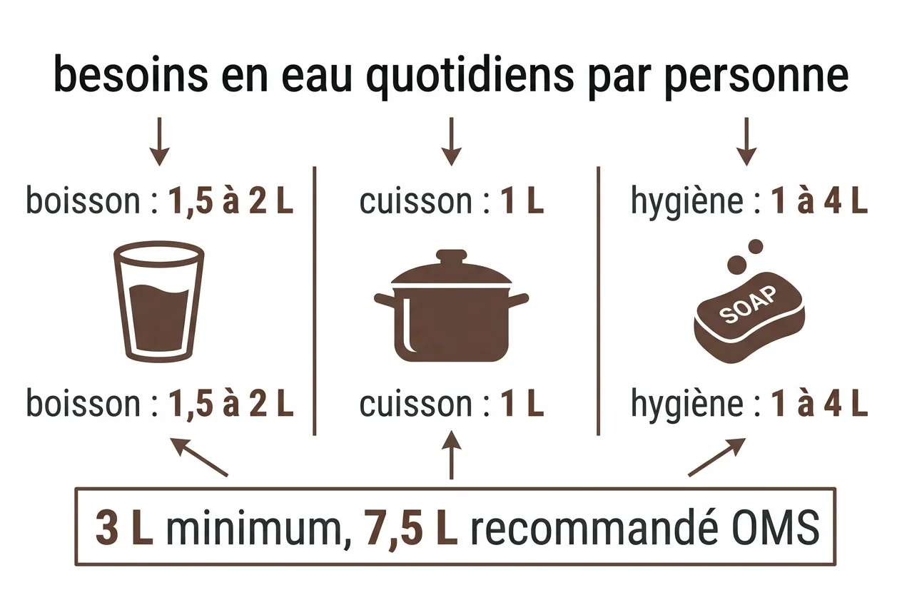 Schéma des besoins quotidiens en eau potable par personne selon l'OMS