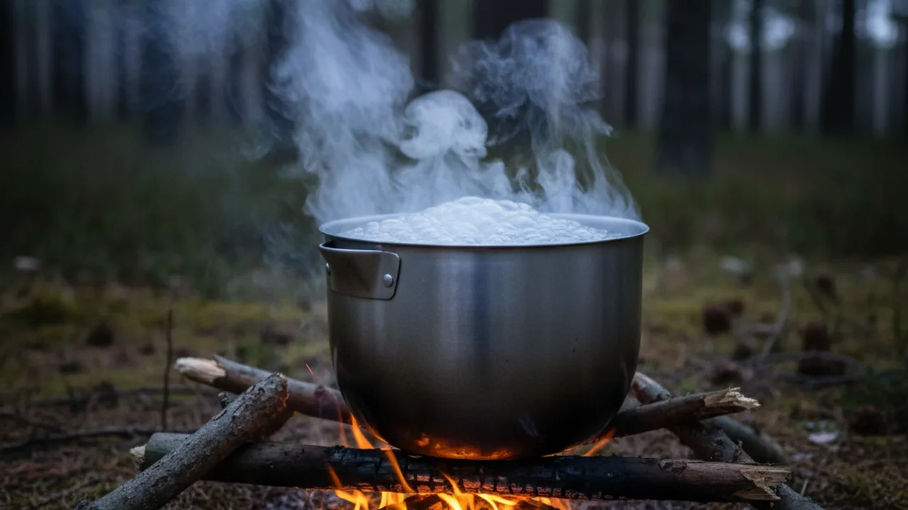 Ébullition de l'eau sur un feu de camp en survie