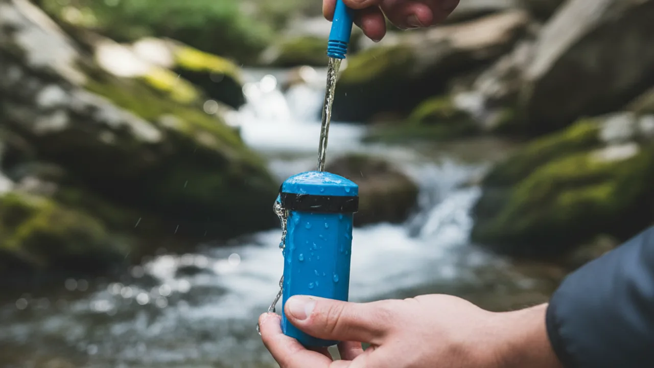 Filtre portable utilisé sur un cours d'eau en montagne