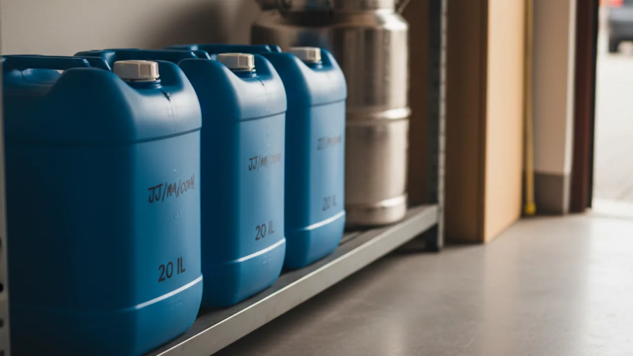 Jerrycans bleus alimentaires et fût inox alignés pour stockage d'eau longue durée