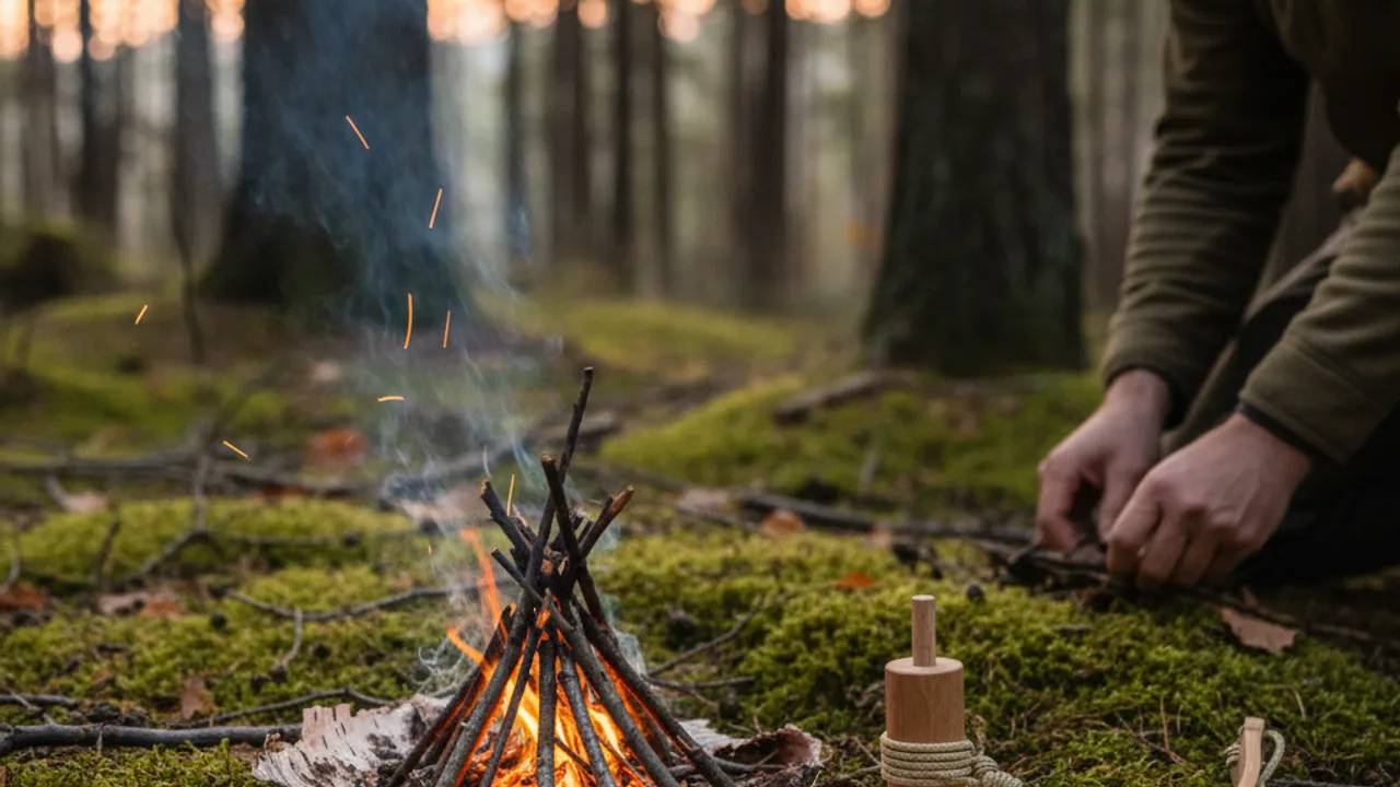 Foyer de survie avec amorce et premières étincelles en forêt