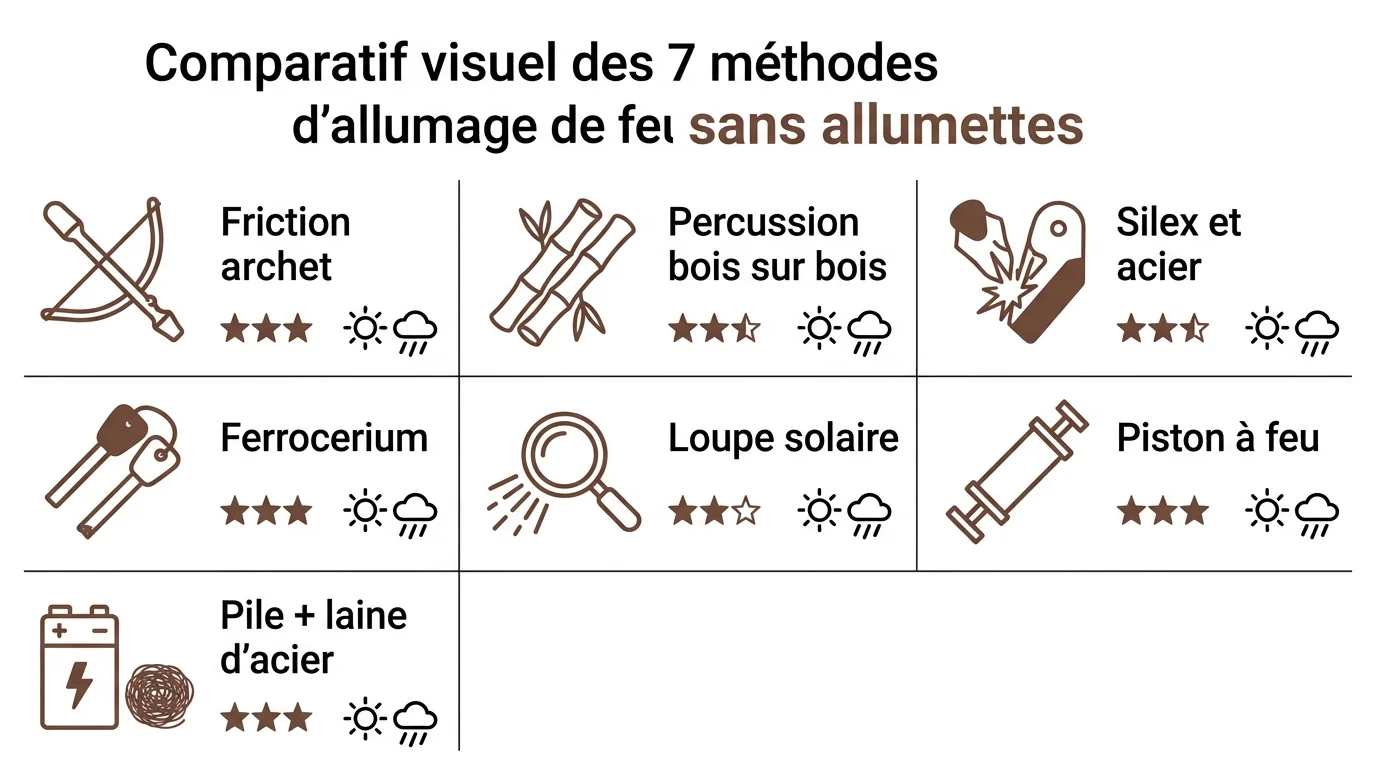 Comparatif visuel des 7 méthodes d'allumage de feu sans allumettes