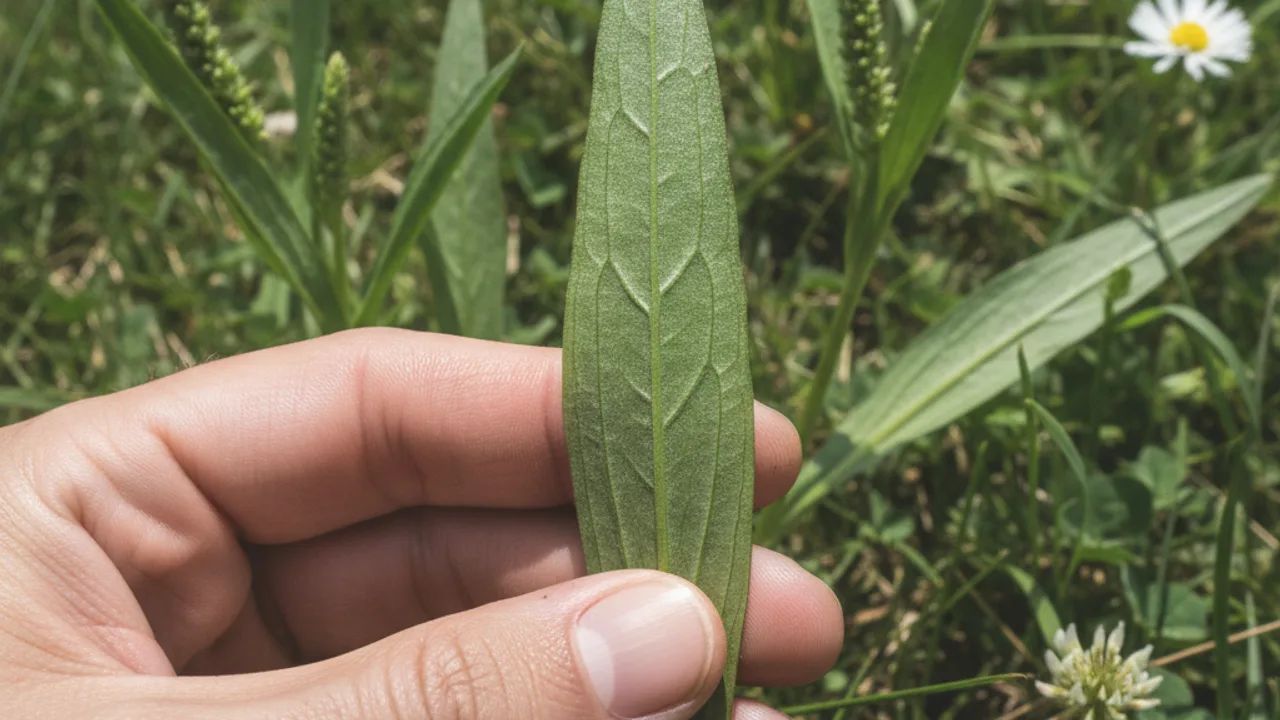Feuilles de plantain lancéolé avec nervures parallèles visibles