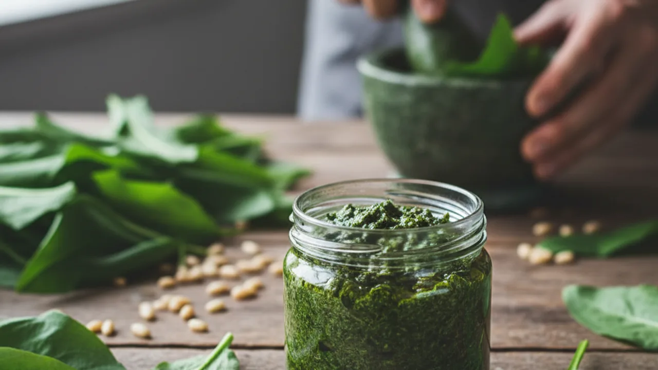 Pesto de plantain sauvage préparé à partir de feuilles fraîches