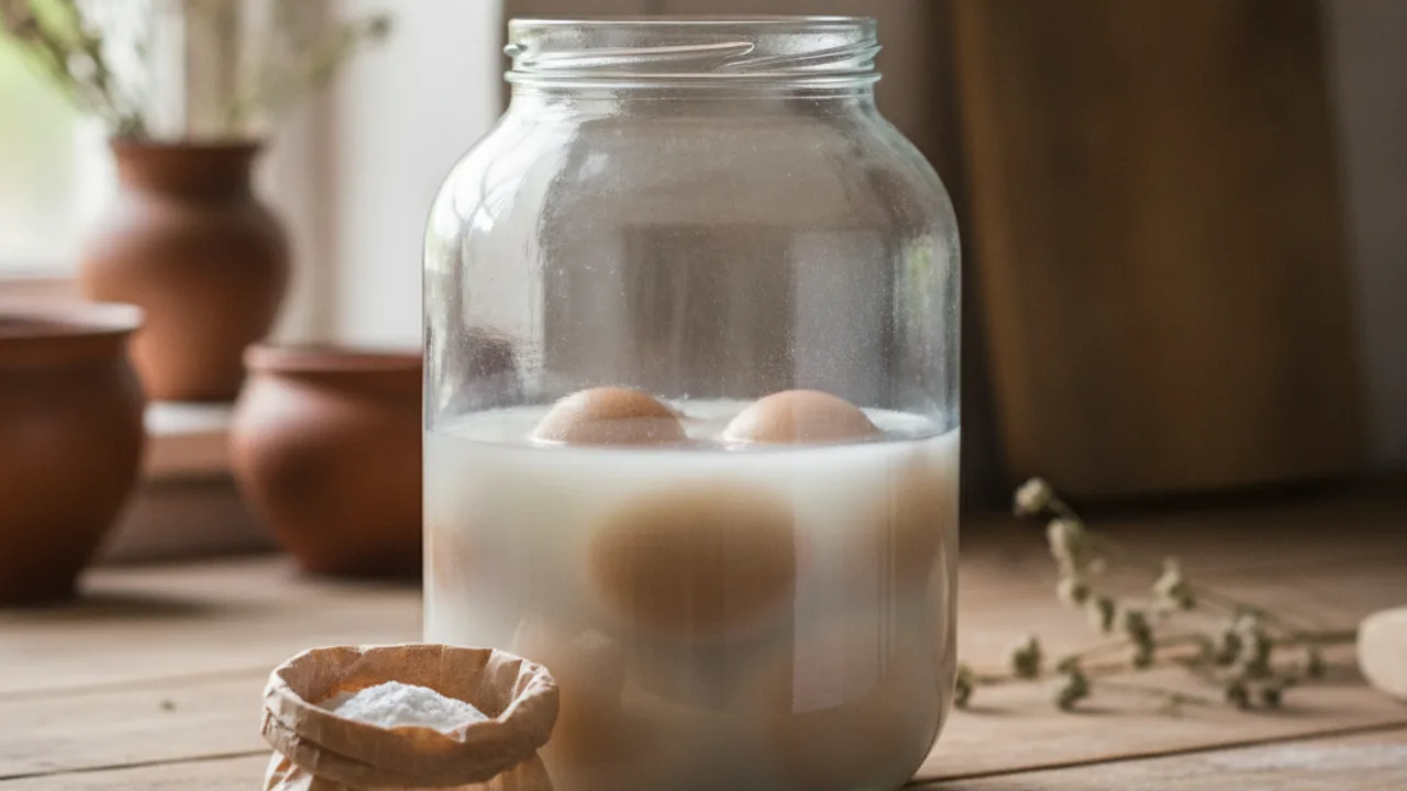 Oeufs conserves dans une solution eau de chaux waterglass